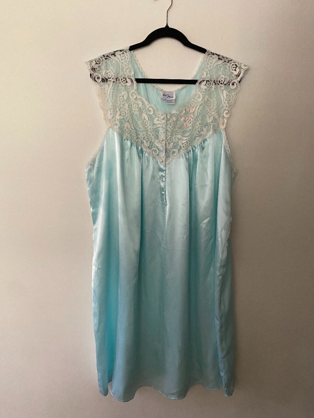 Vintage Pale Blue Lace Floral Slip Nightgown 1X Coquette Cottagecore Romantic